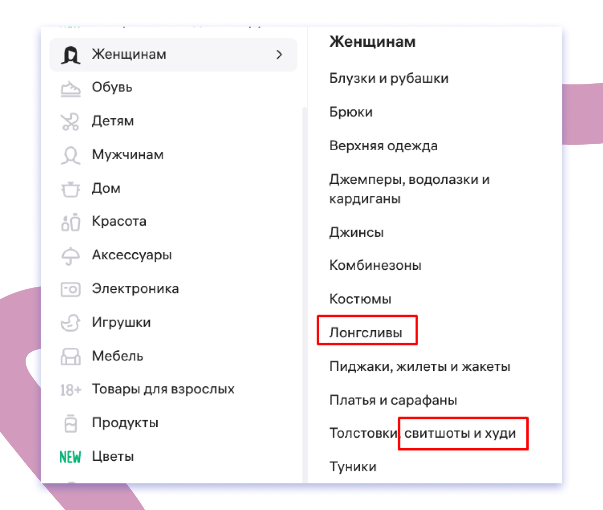 Категории товаров в каталоге WB