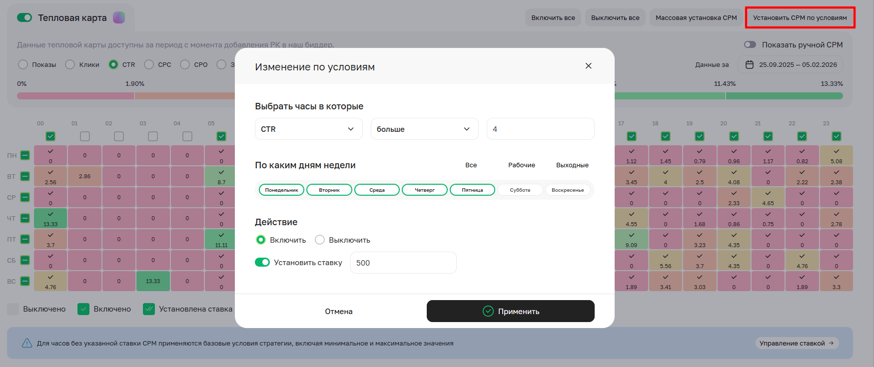 Установка ставок CPM по условиям